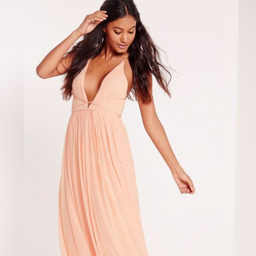 Missguided strappy pleated plunge maxi dress nude